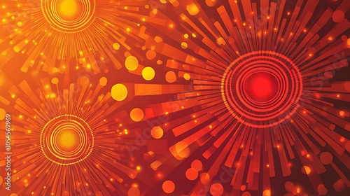 Abstract background with red and orange radial lines, circles and glowing particles.