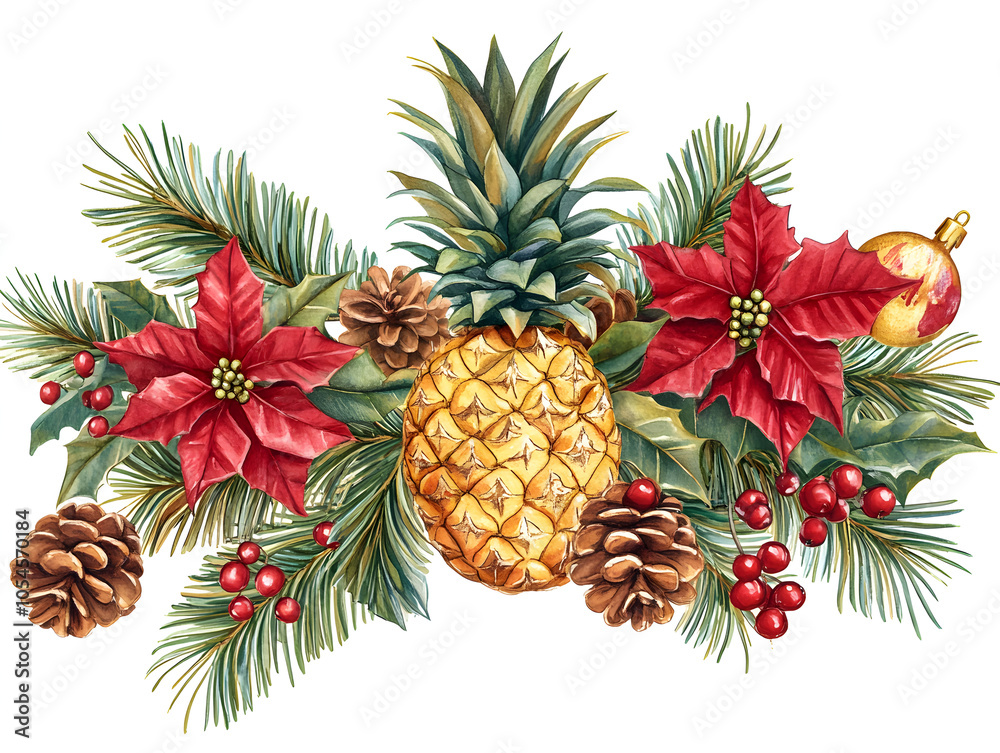 Watercolor painting of a pineapple, pine branches, poinsettias, and pinecones. A festive winter arrangement with tropical flair. Watercolor painting of a pineapple, pine branches, poinsettias, and pinecones. A festive winter arrangement with tropical flair.