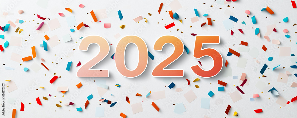 Festive 2025 celebration with colorful confetti on a white background, symbolizing new beginnings and joyful resolutions.