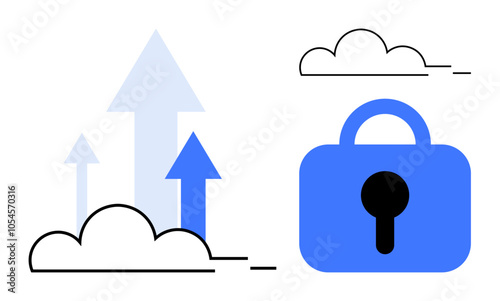 Arrows rising from clouds paired with a lock symbol conveys themes of cloud computing, data security, growth, protection, and technological advancement. Ideal for presentations, reports, websites