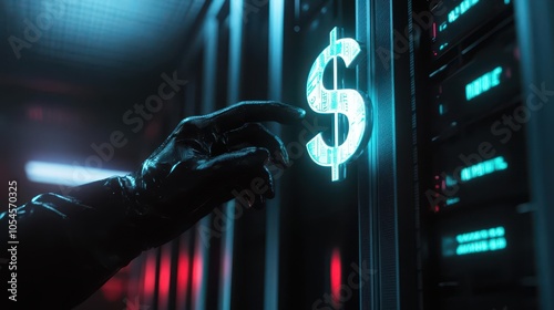 A close-up image of a gloved hand reaching towards a dark server, with a shadowy figure partially visible, representing themes of hacking and cybersecurity.  photo