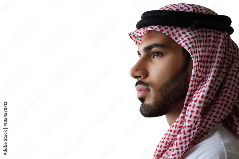 A young Arabian man in traditional attire gazes thoughtfully against a plain white background, showcasing pride and cultural heritage A young Arabian man in traditional attire gazes thoughtfully against a plain white background, showcasing pride and cultural heritage