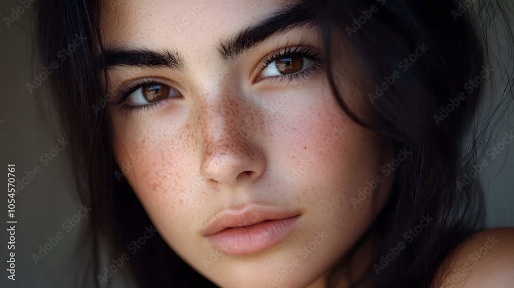 A close up of a woman with dark hair and brown eyes A close up of a woman with dark hair and brown eyes