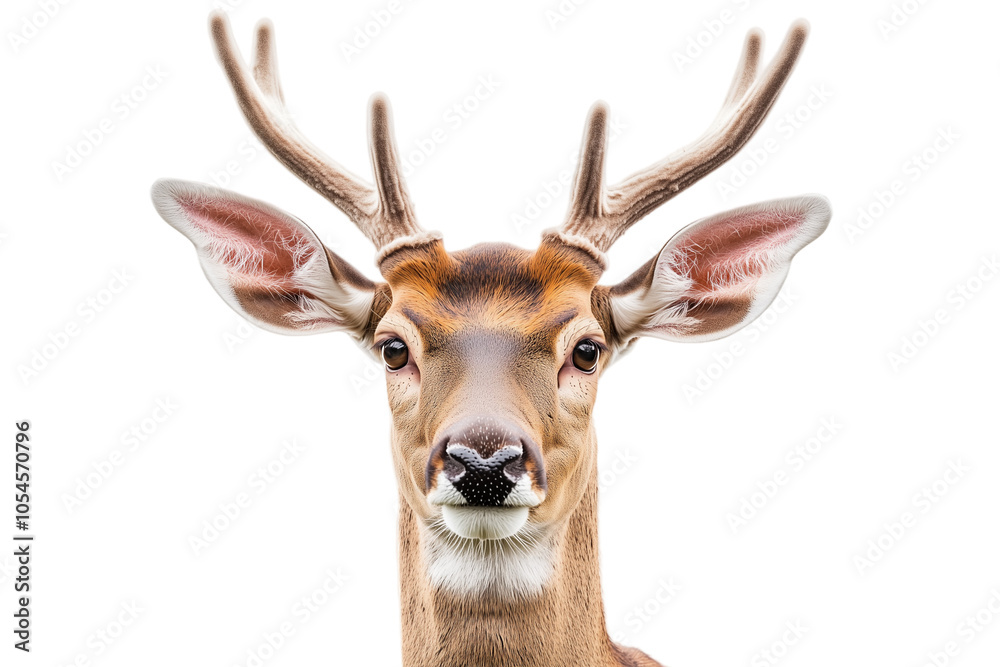 Detailed view of a majestic deer head with impressive horns against a pure white background highlighting its natural beauty Detailed view of a majestic deer head with impressive horns against a pure white background highlighting its natural beauty