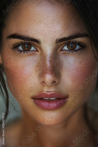 A close up of a woman with dark hair and brown eyes