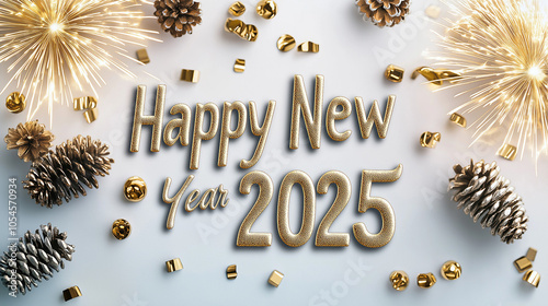 Festive New Year 2025 greeting card with sparkling fireworks, golden pine cones, and sequins on a light background. Celebrate in style! photo
