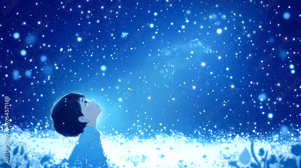 A young boy gazes up at a falling snow against a blue sky A young boy gazes up at a falling snow against a blue sky