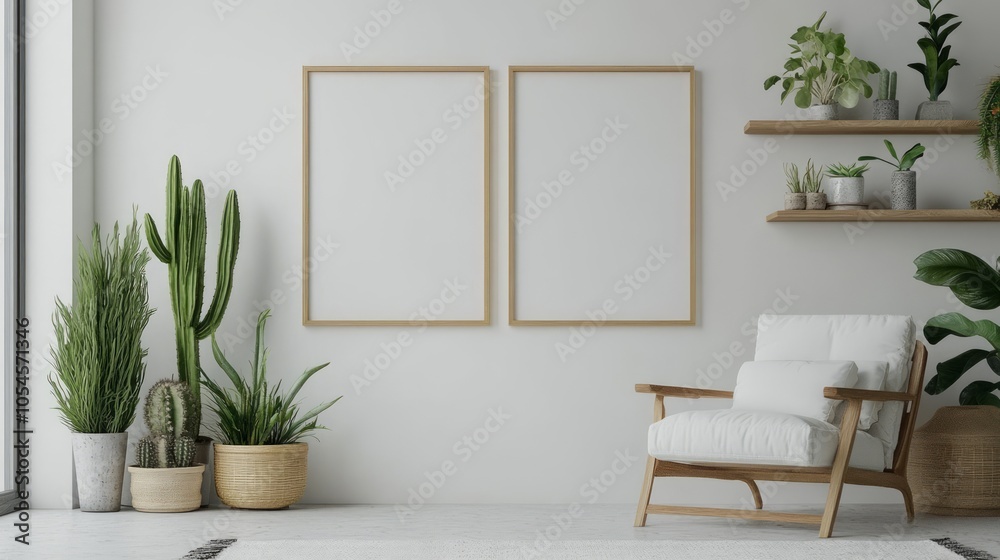 Fototapeta premium Minimalist Interior with Blank Frames and Indoor Plants