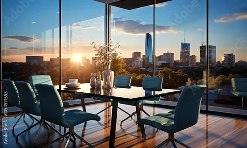 A stylish dining area featuring a table and chairs, with a city skyline and sunset backdrop