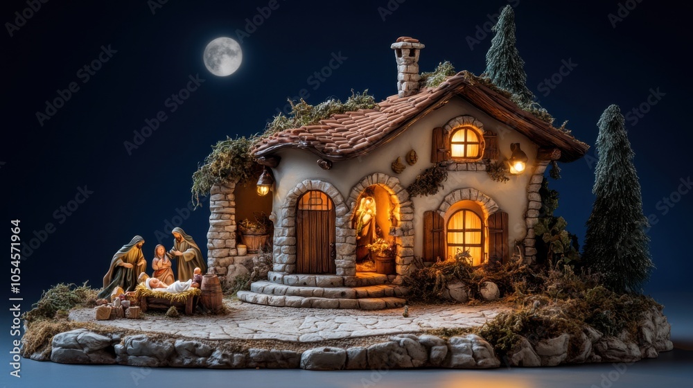 Fototapeta premium Nativity Scene Display with Traditional Figures and House