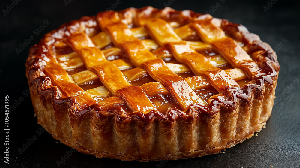 Golden apple pie with a lattice crust, beautifully baked, on a black surface