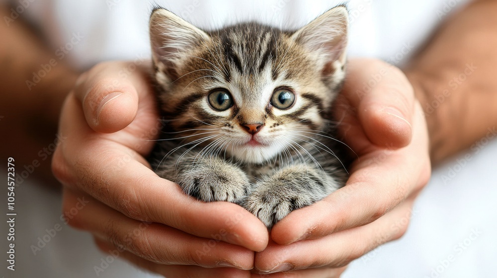 A young adult gently cradles a small, striped kitten in their hands, showcasing a moment of tenderness and care A young adult gently cradles a small, striped kitten in their hands, showcasing a moment of tenderness and care