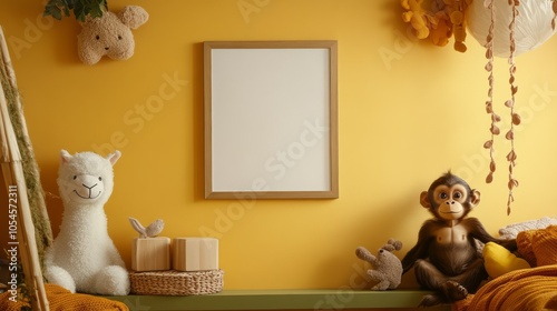 Cozy Nursery Decor with Stuffed Animals and Blank Frame photo