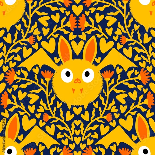 Fototapeta Naklejka Na Ścianę i Meble -  Halloween monsters animals seamless cute anime bats pattern for wrapping paper