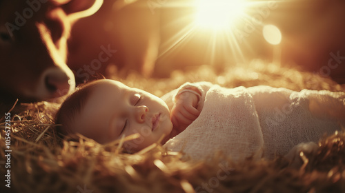 Baby Jesus sleeps peacefully in a wooden manger on straw against the backdrop of a barn with animals, illuminated by a divine warm light. Religious scene Christmac of Jesus Christ photo