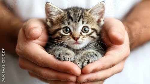 A young adult gently cradles a small, striped kitten in their hands, showcasing a moment of tenderness and care