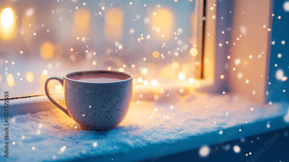 A warm cup of coffee on a snowy windowsill with twinkling lights