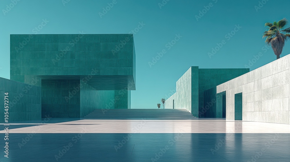 Minimalist architectural design with a concrete building and palm trees. Minimalist architectural design with a concrete building and palm trees.
