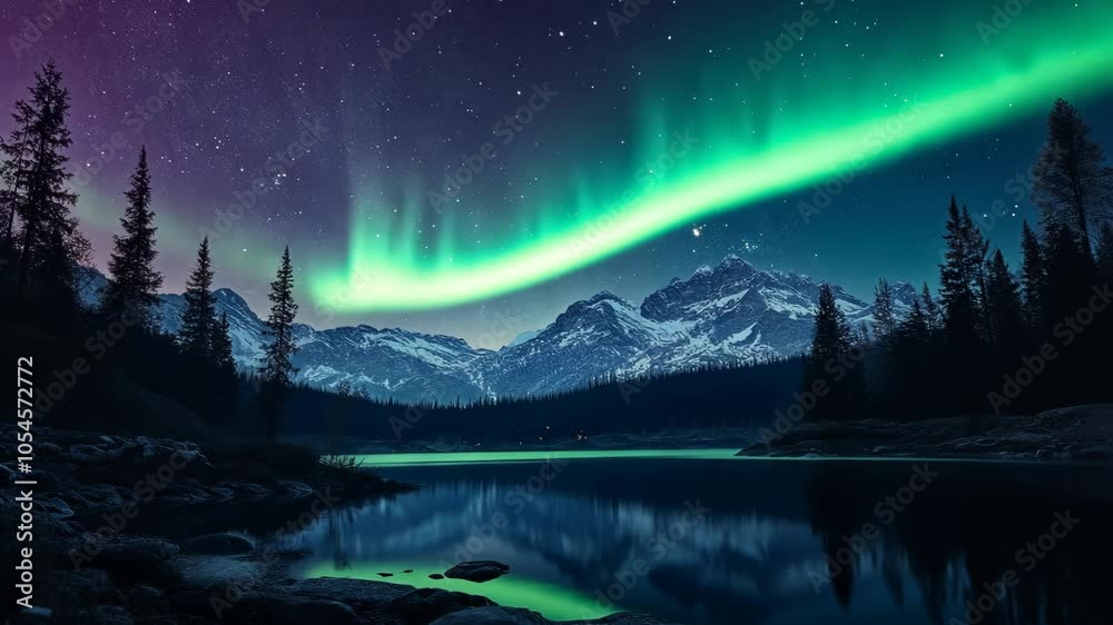 The Northern Lights dance above a serene lake and snow-capped mountains in the Canadian wilderness