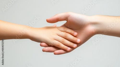 A close-up of two hands, one adult and one child, gently touching each other against a light background