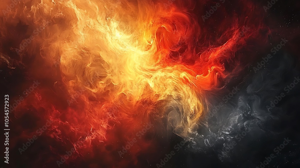 Fototapeta premium Abstract fiery background with red, orange, and gray smoke on black.