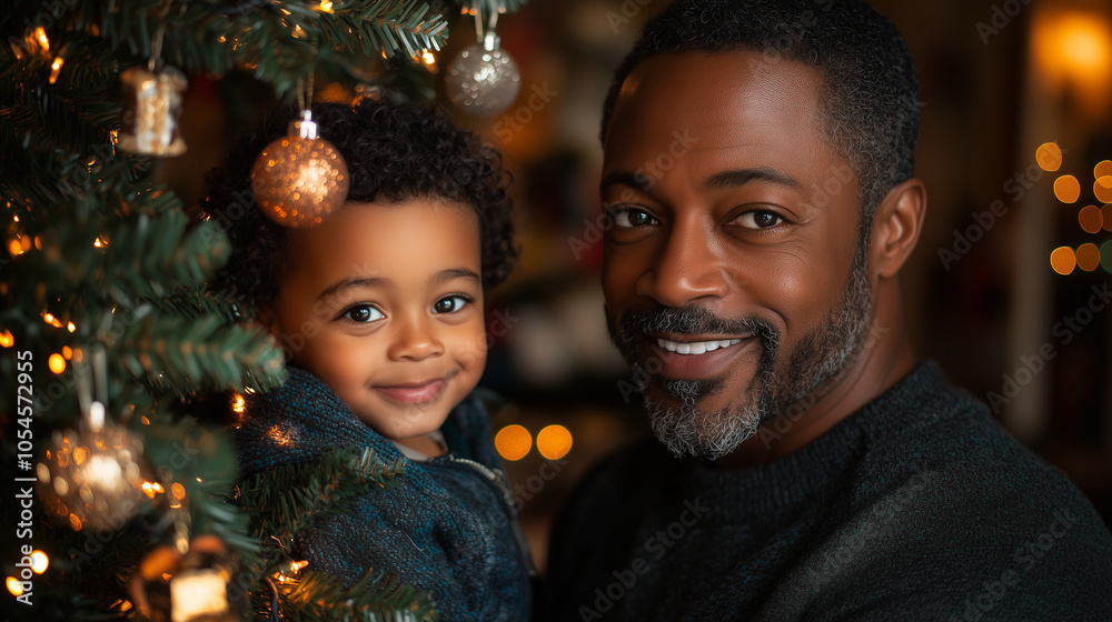 A joyful moment between a father and son near a beautifully decorated Christmas tree during the festive season A joyful moment between a father and son near a beautifully decorated Christmas tree during the festive season
