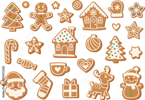 Christmas gingerbread cookies of different shapes and sizes. Gingerbread houses, Christmas trees, man, snowflakes and stars, deer and snowman.