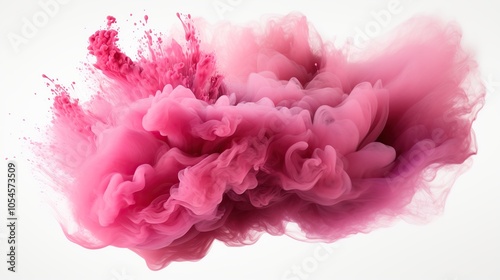 Abstract pink ink cloud swirling and exploding in water on white background.