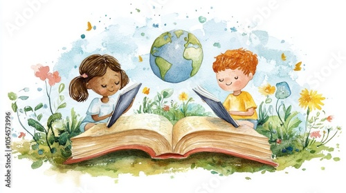 Children Engaged in Learning with a Book and a Globe in a Nature Setting