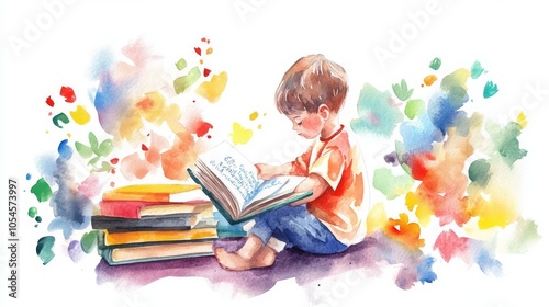 Young Boy Reading a Book with Colorful Background