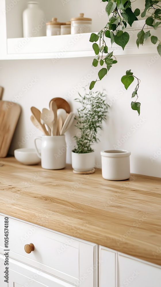 Wooden countertop in a cozy kitchen setting with white cabinetry and green plants. Product presentation mockup for home goods. Vertical social media banner with copy space