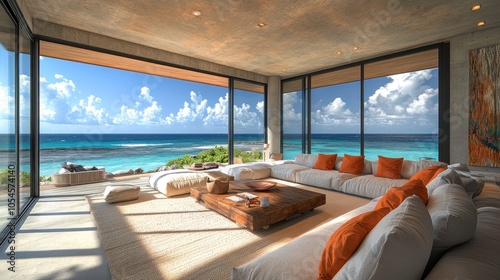 Modern living room with large windows overlooking the ocean.