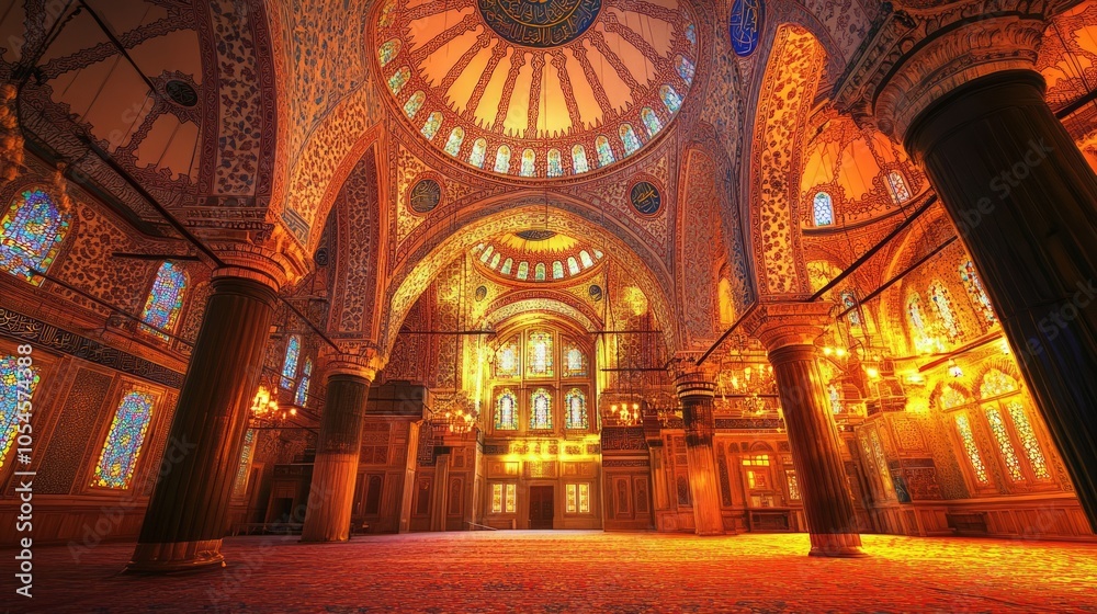 Obraz premium Interior of a Grand Mosque with Stunning Architectural Details and Warm Lighting