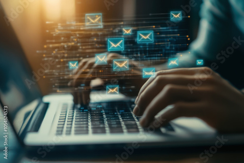 Person typing on laptop with email icons, surrounded by office supplies.