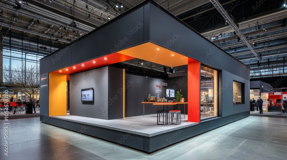 Obraz premium An exhibition industrial hangar tent designed for interactive displays, featuring a modern gray exterior with colorful accents. The interior is spacious and adaptable, perfect for showcasing innovativ