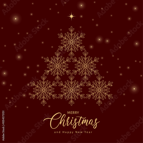 Merry Christmas and Happy New Year frame for social media post, greeting card, poster, cover. Winter illustration with gold snowflakes, tree in red color. Modern Winter holidays square template.