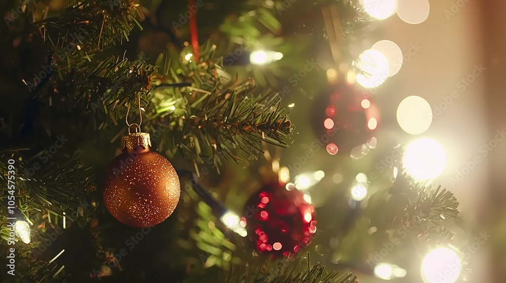 A close-up of a Christmas tree adorned with ornaments and twinkling lights A close-up of a Christmas tree adorned with ornaments and twinkling lights