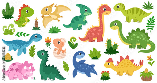 Cute childrens dinosaurs set. Sea, carnivorous, herbivorous and flying dinosaurs and prehistoric plants.