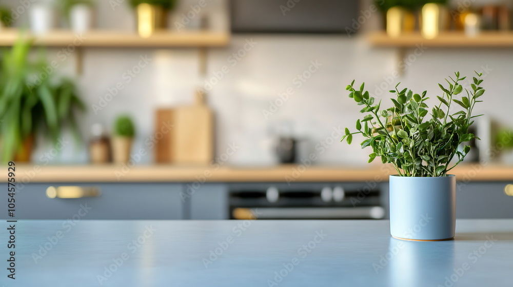 Blue ceramic countertop on a blurred kitchen background with plants and modern furniture. Simple mockup for food or cleaning products. Horizontal social media banner with copy space Blue ceramic countertop on a blurred kitchen background with plants and modern furniture. Simple mockup for food or cleaning products. Horizontal social media banner with copy space