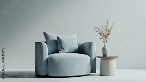 Minimalist Living Room Interior Design with a Blue Armchair and Dried Flowers