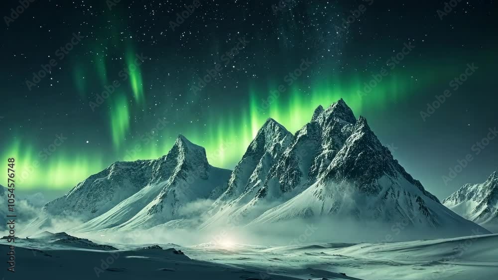 The Northern Lights dance over snow-covered mountains on a clear night The Northern Lights dance over snow-covered mountains on a clear night
