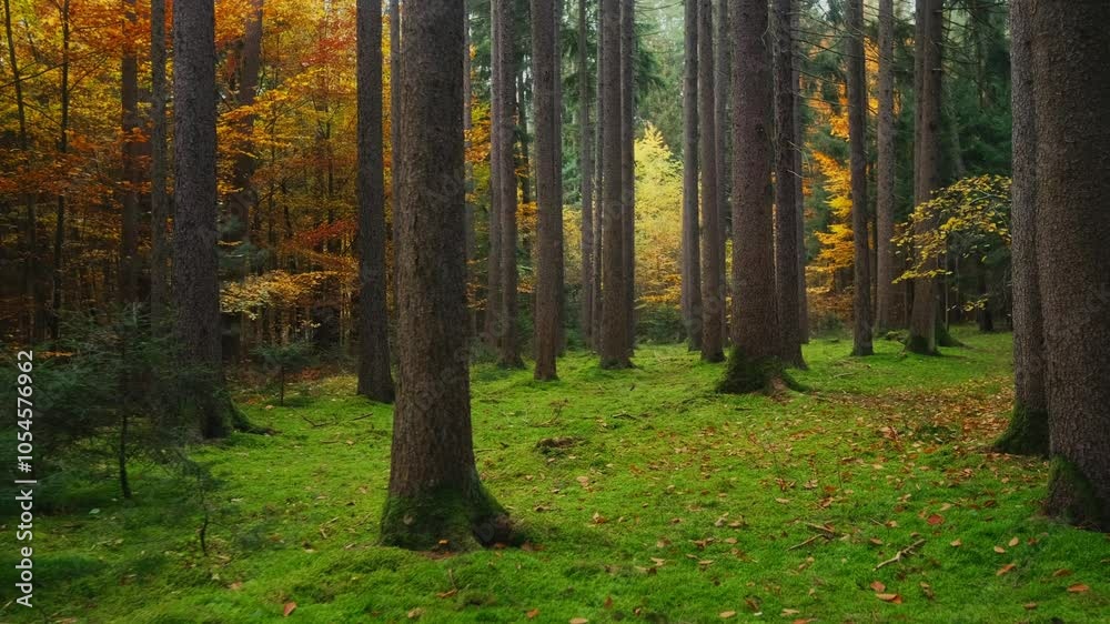 Nature landscape of autumn forest. A walk among big old trees in an autumn forest, stabilized smooth shot, 4K video footage.