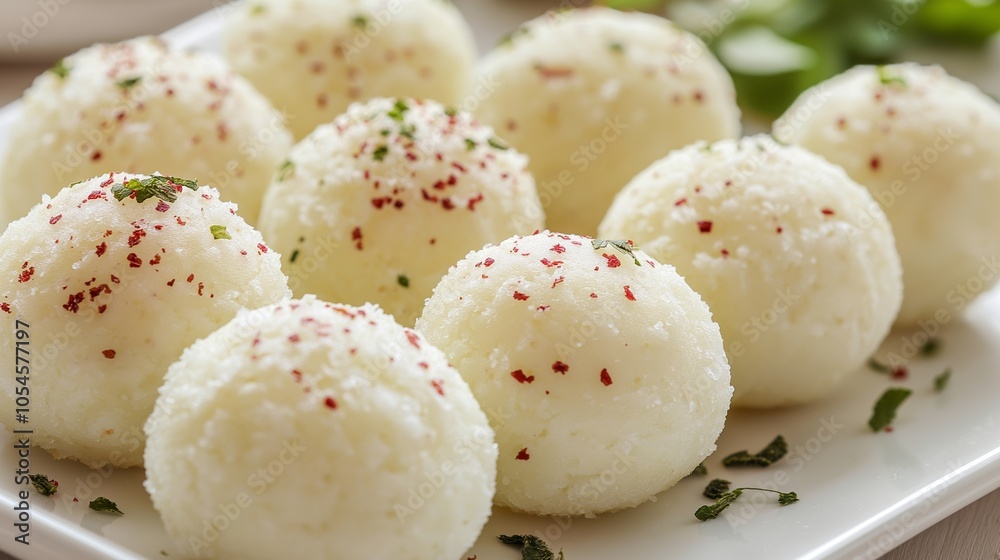 A plate of Indian traditional sweets shaped like round balls, garnished with red and green herbs, ideal for New Year's celebrations A plate of Indian traditional sweets shaped like round balls, garnished with red and green herbs, ideal for New Year's celebrations