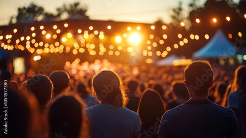 A crowd of people enjoying a concert at sunset, with the stage and lights out of focus in the background.