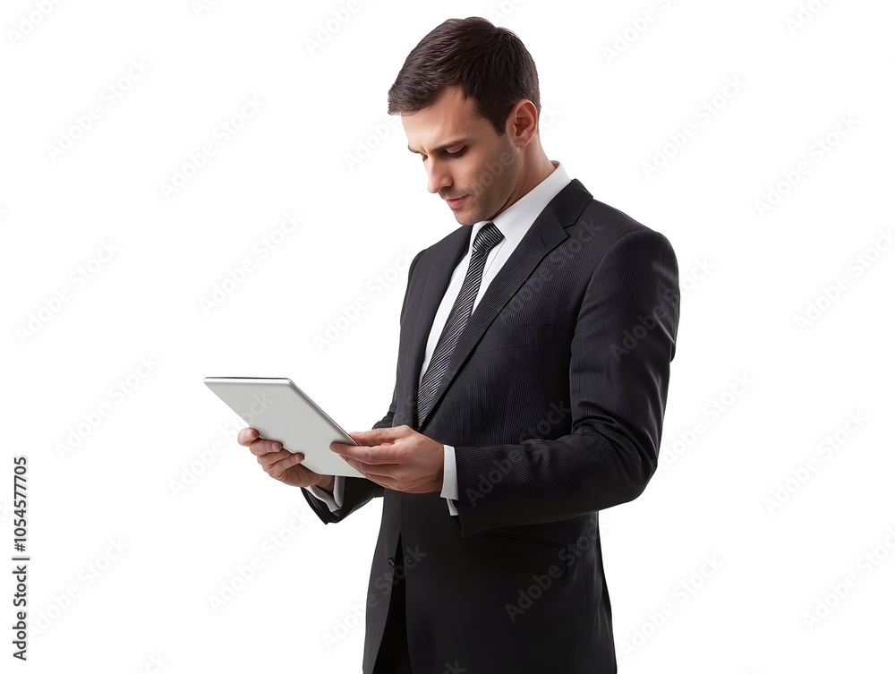 A businessman working with a tablet on a white background A businessman working with a tablet on a white background