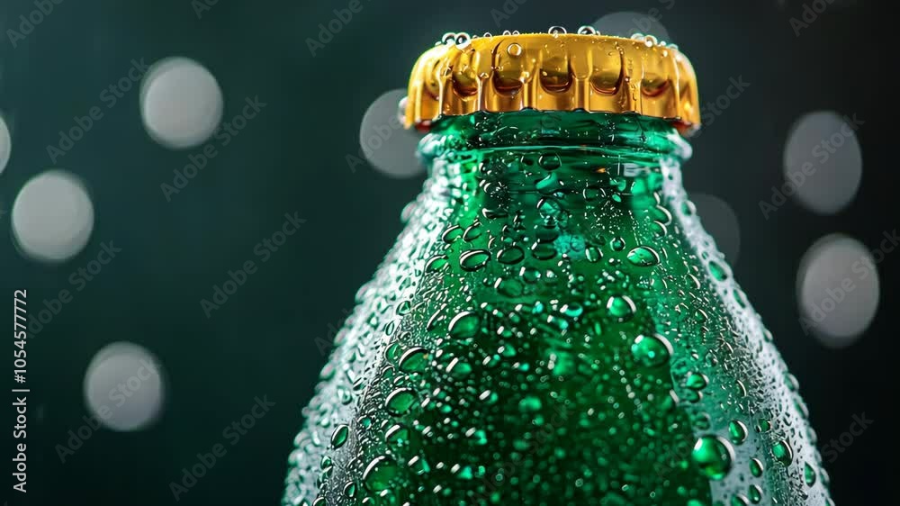 A green glass bottle with condensation is in focus, with a gold cap