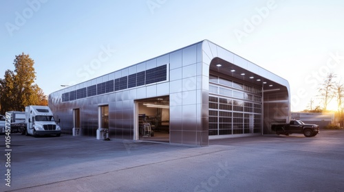 Wallpaper Mural Modern Truck Service Center: Sleek metallic building, sunset backdrop, showcasing contemporary truck repair facility.  Clean lines, large garage doors, and professional ambiance. Torontodigital.ca