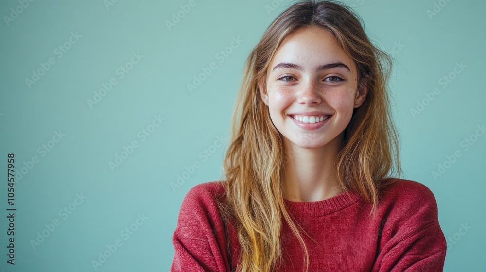 Obraz premium A smiling young woman with long hair wearing a red sweater against a light green background