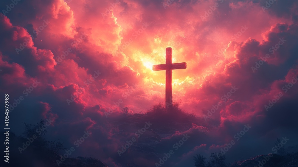 Fototapeta premium cross silhouette against dramatic sky at sunset, spiritual concept