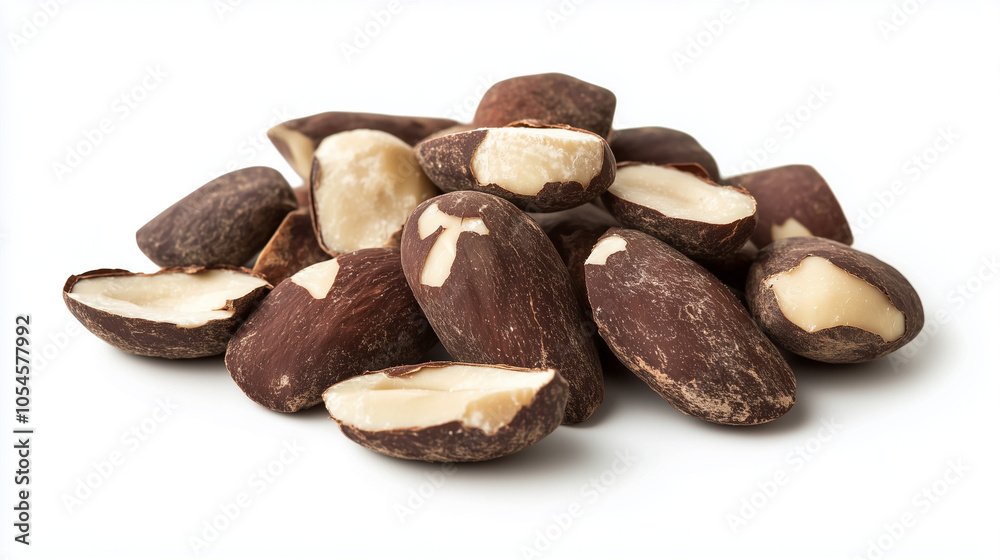 Raw Brazil nuts with shells piled on a white background with copy space